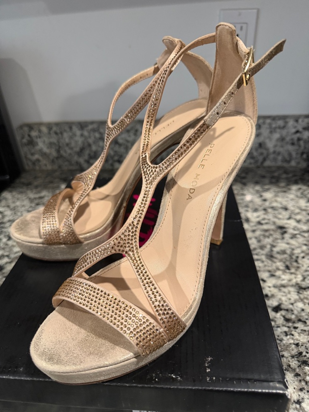 Pelle Moda Nude/Tan Beaded T-Strap High Heel Sandals
